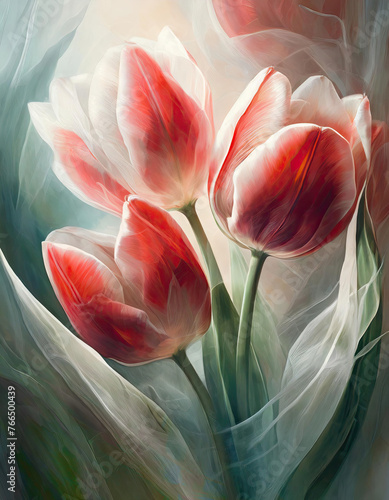 Abstract wallpaper with red and white beautiful blooming tulips.