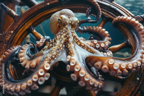 A curious octopus sitting on a wooden wheel. Perfect for marine and nautical themes