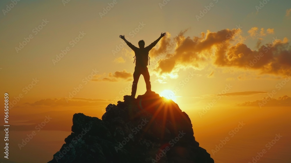 A man standing on top of a mountain at sunset. Perfect for inspirational and motivational content
