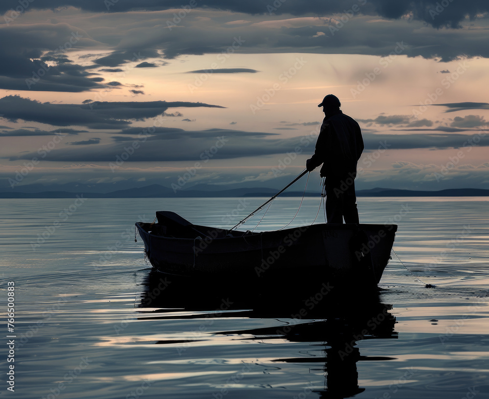 A fisherman named Alex, silhouetted against a twilight sky, launching his boat into a serene, mysterious sea, filled with anticipation and solitude
