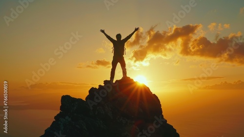 A man standing on top of a mountain at sunset. Perfect for inspirational and motivational content