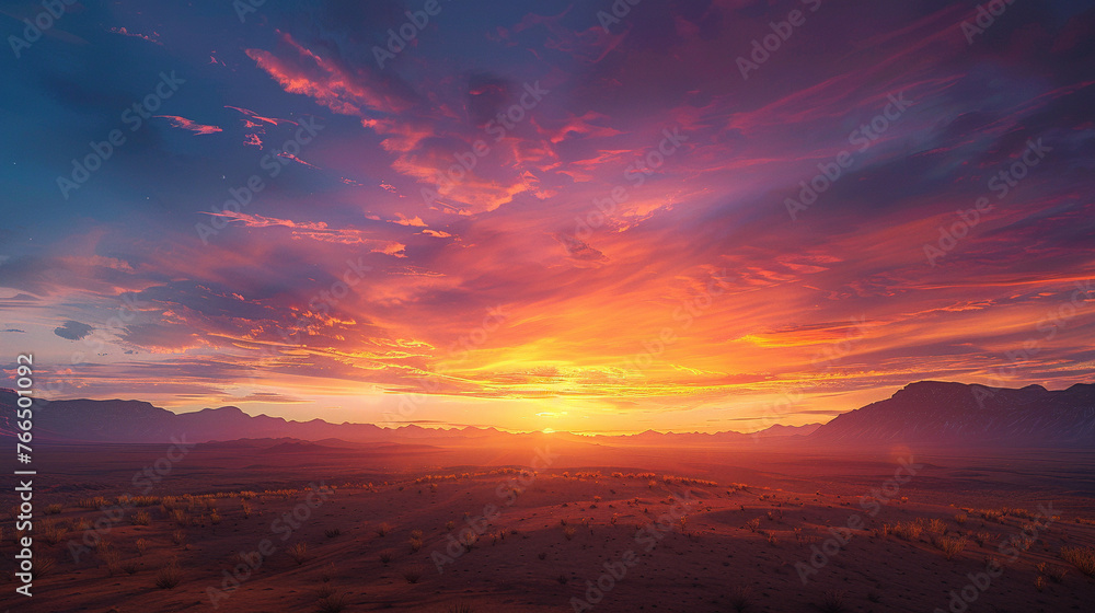 Majestic Sunset Casting Warm Hues Over Arid Desert Expanse