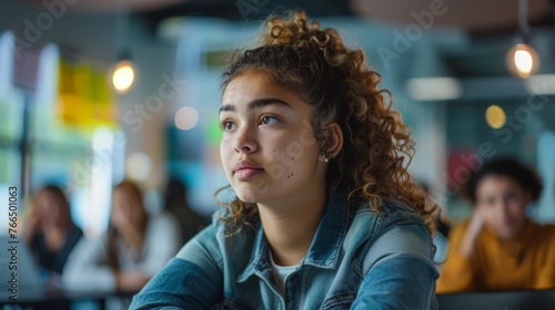 Close up portrait of a young girl sitting in a university lecture hall
