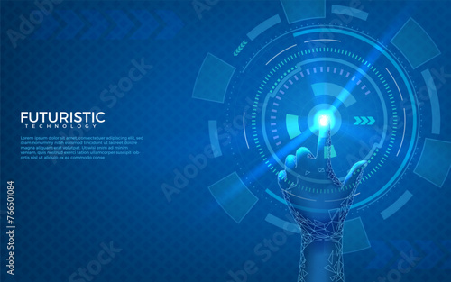 Future concept. Futuristic technology. Abstract information touch screen. Hand pushing button. Tech interface for business connect. Data science. Neon blue light. Vector media system