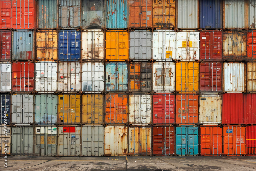 Fototapeta premium Wall of cargo containers in the seaport