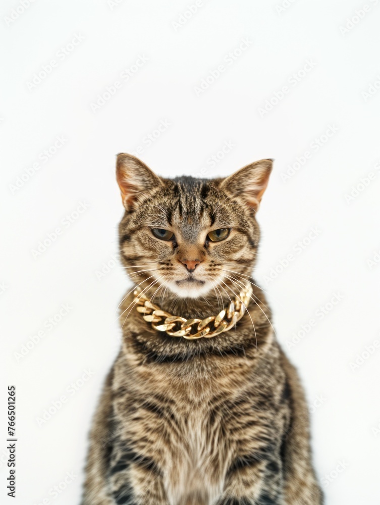 A stylish cat adorned with a chunky gold necklace