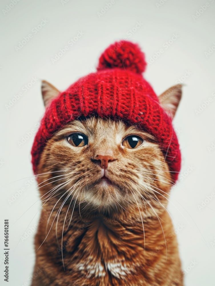 A cat wearing a red knitted hat A cat wearing a red knitted hat