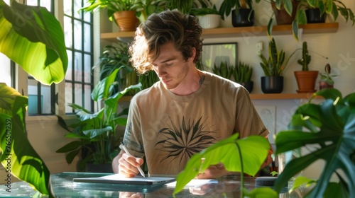 Millennial working on a tablet in a fashionable home office surrounded by plants