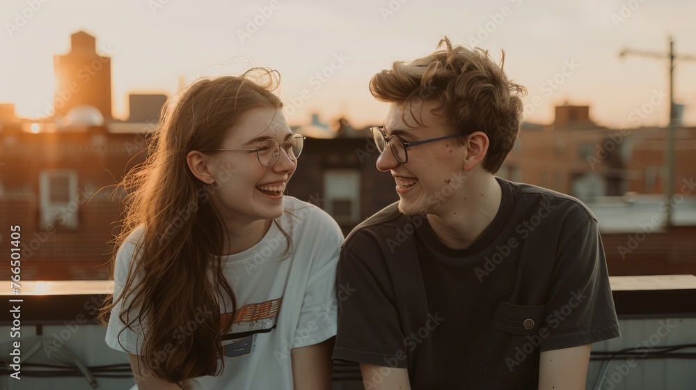 Two young adults sharing a laugh on a city rooftop at sunset Two young adults sharing a laugh on a city rooftop at sunset