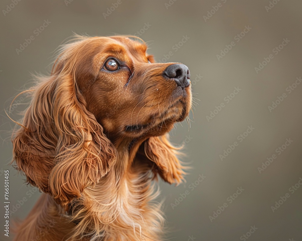 Elegance Unfurled A detailed closeup of a Cocker Spaniel, showcasing its luxurious fur and graceful posture, set against a soft, elegant backdrop , ultra HD