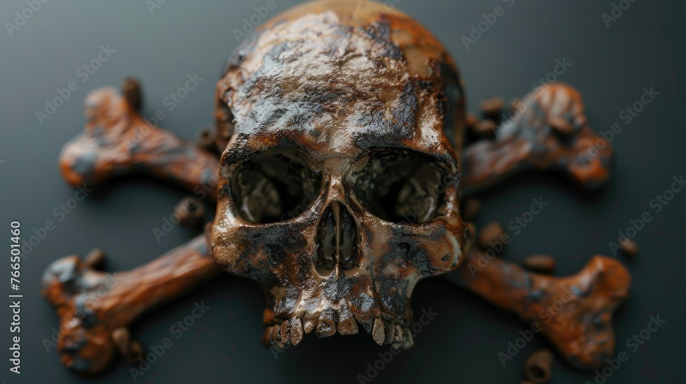 Detailed view of a skull and crossbones on a table, suitable for various designs