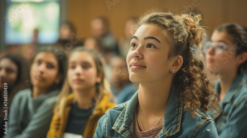 A young girl with a smile on her face sits in a university lecture hall