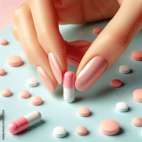 A woman's hand holds a capsule with medicine.