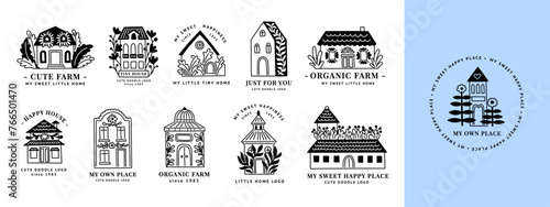 Home logo. Hand cabin farm with little tree decor, village garden and woods barn, tiny interior, doodle forest, flowers and leaves. Cute tiny village. Cozy logotype design. Vector real estate icons