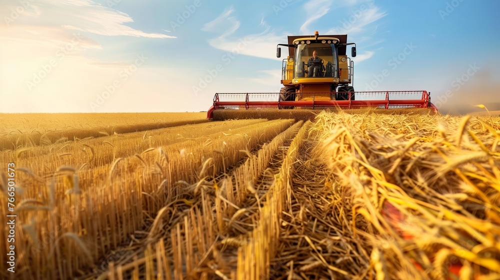 Fototapeta premium a farmer harvests ripe grain in a large field with a tractor
