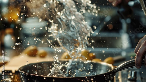 A person pouring water into a pan on a stove. Suitable for cooking concept