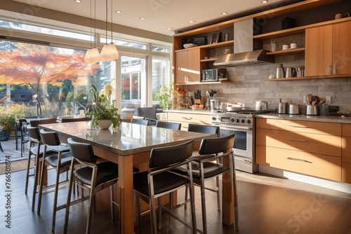 Modern kitchen with wood cabinets and stainless steel appliances