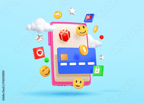 Online shopping. 3D smartphone. Internet payment. Discount promotion. Sale in phone. Mobile application. Digital finance. Paying for purchase. Render cellphone screen. Vector illustration