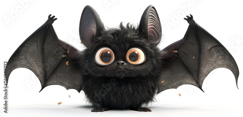 A cute bat with big and cute eyes, animated, unreal cartoon, pure white background.