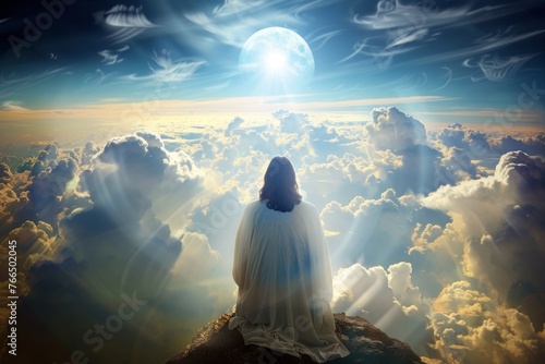 Jesus looking from the clouds above down to the world photo