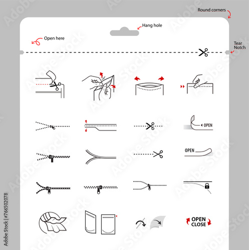 A set of icons for opening zip locks, tear notch on packaging. Set for package, shows the place of opening. Vector elements. Ready and simple to use for your design. EPS10.