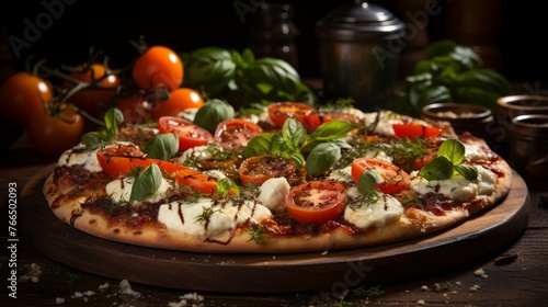 A delicious pizza with fresh tomatoes, mozzarella cheese, and basil