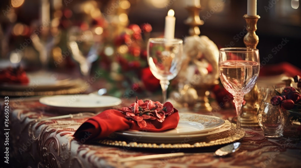 Ornate and elegant table setting with red and gold accents
