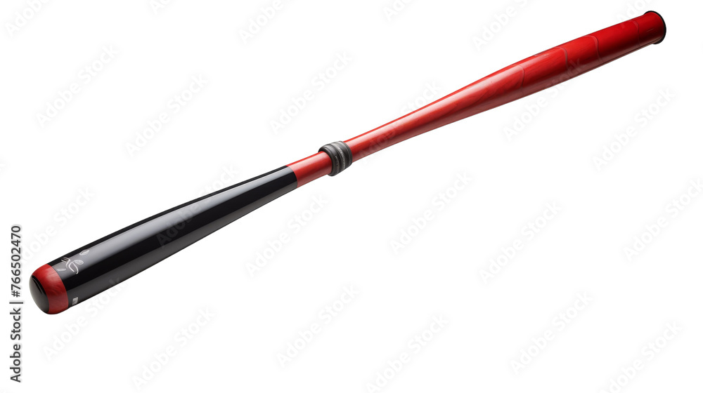 A red and black baseball bat standing on a white background