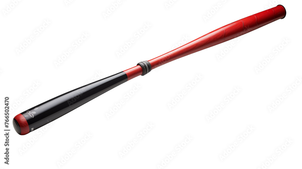 A red and black baseball bat standing on a white background A red and black baseball bat standing on a white background