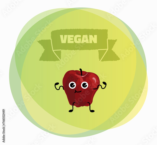 Apple character. Organic fruit. Circle label. Cartoon food mascot with happy face. Fresh juicy product. Natural vitamin nutrition. Healthy vegetarian ingredient. Vector vegan sticker design