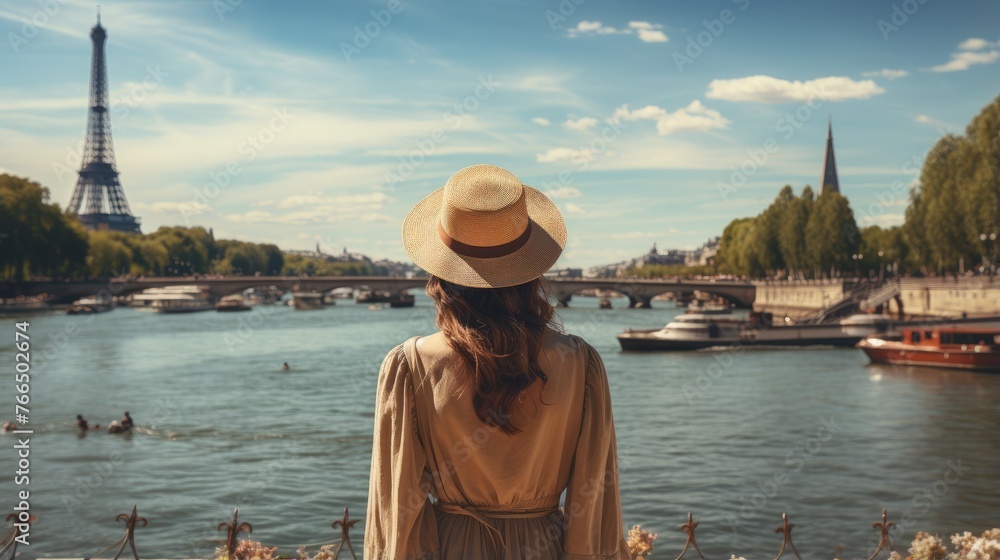 A woman in a straw hat looking at the Eiffel Tower from across the Seine River