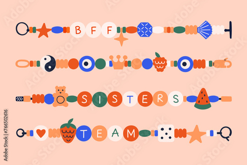 Friendship bracelets. Retro necklace beads, fashion accessories for schools, child creative art, children or kid doodles. Sisters and team. Cute hand jewelry accessory. Vector cartoon symbols