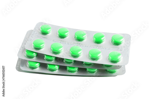 Green medicine pills in a blister pack isolated on transparent background, healthcare and medicine concept photo