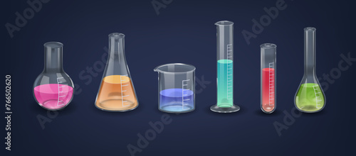Laboratory Flasks With Colorful Liquids. Glass Containers For Mixing, Heating, Cooling, And Storing Chemical Solutions
