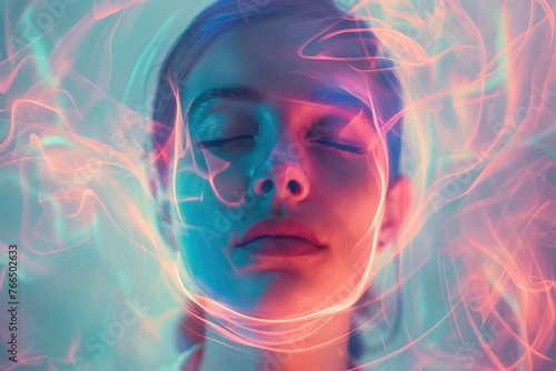 A close-up portrait captures a moment of deep meditation, wrapped in swirling neon lights