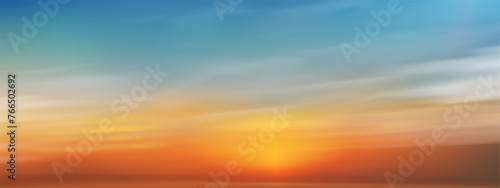 Sky Blue with cloud background,Vector Horizon beach sunset with yellow,pink,orange,red in Spring,Panorama beautiful Nature morning sunrise sky in Summer,Banner Romantic Sky landscape background.. © Anchalee