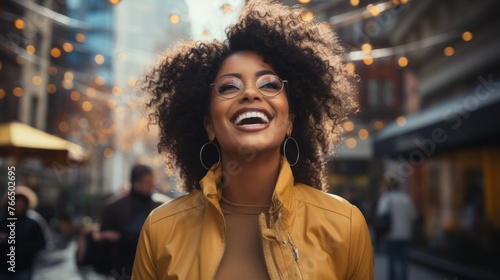 Portrait of a beautiful young African American woman with curly hair smiling happily wearing glasses and a yellow jacket © Adobe Contributor