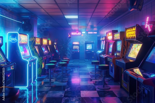 Vintage Arcade Hall with Neon Lighting and Arcade Machines