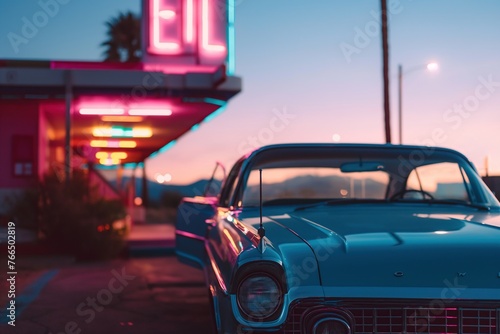 Vintage Automobile by Twilight at Neon-Adorned Motel photo