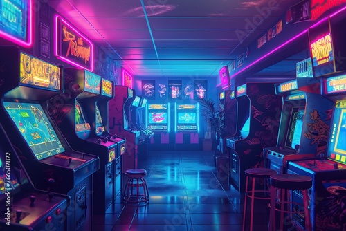 Retro Gaming Arcade with Neon Glow and Classic Machines