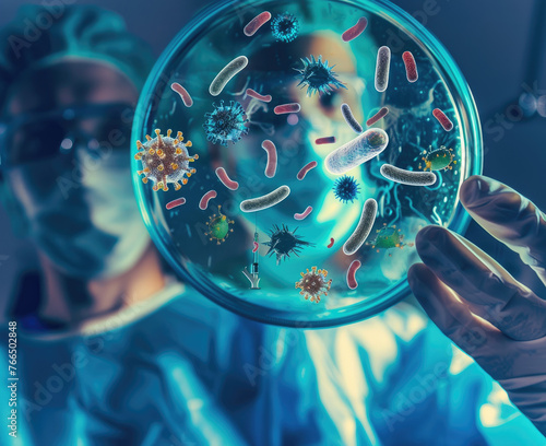 a surgeon examines an plate of bacteria and viruses on blue background stock, in the style of motion blur panorama, psychedelic surrealism, photo, photorealistic hyperbole