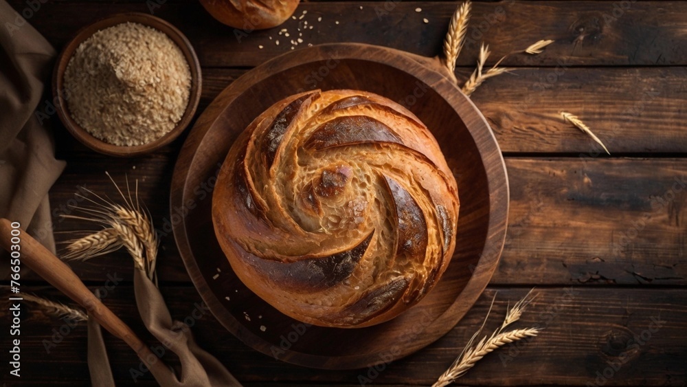 Close up top view of whole grain bread on dark wooden background Close up top view of whole grain bread on dark wooden background