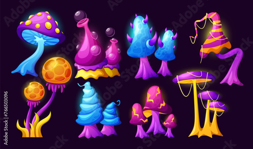 Cartoon Magic Mushrooms Set. Vector Fantasy Fairy Toadstools, Hallucinogenic Fungi, Isolated Alien Unusual Plants