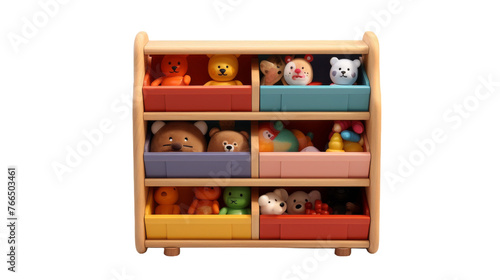 A wooden toy shelf overflows with a diverse collection of plush stuffed animals