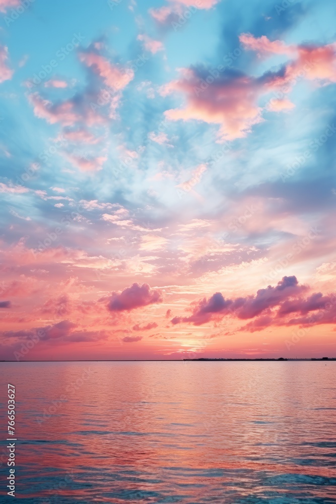 A vivid sunset sky over a calm sea