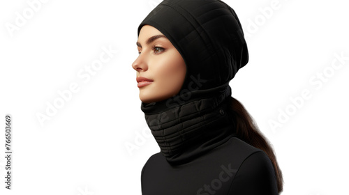 A stylish woman dons a sleek black hat and scarf, exuding elegance and mystery