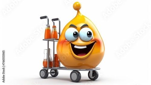 Chemistry flask character with hand truck isolated on white background.Generative AI