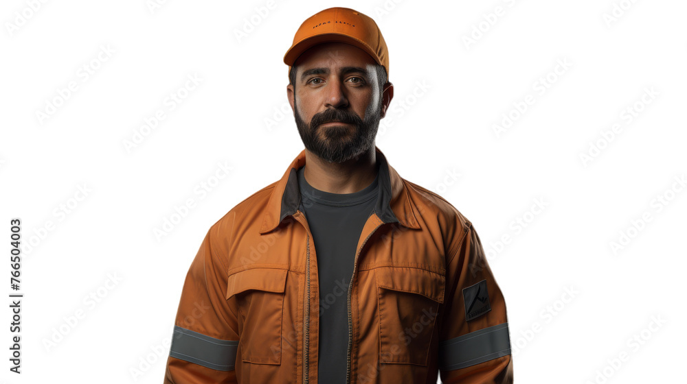 A bearded man in an orange jacket standing confidently A bearded man in an orange jacket standing confidently