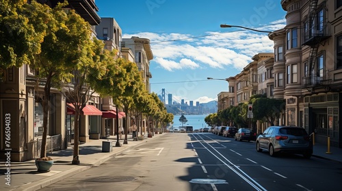 City street with cars parked on either side and a clear view of the Golden Gate Bridge in the distance photo
