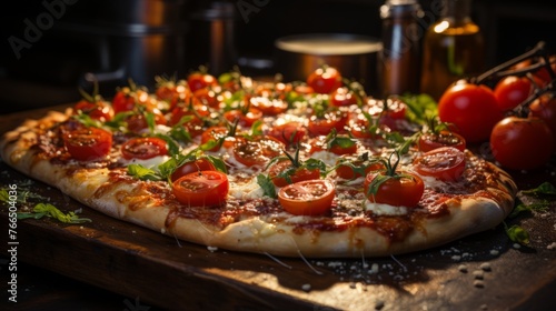 A delicious pizza with fresh tomatoes, basil, and mozzarella cheese photo